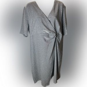 Silver sparkly short sleeved twist front knee length dress size XL NWOT